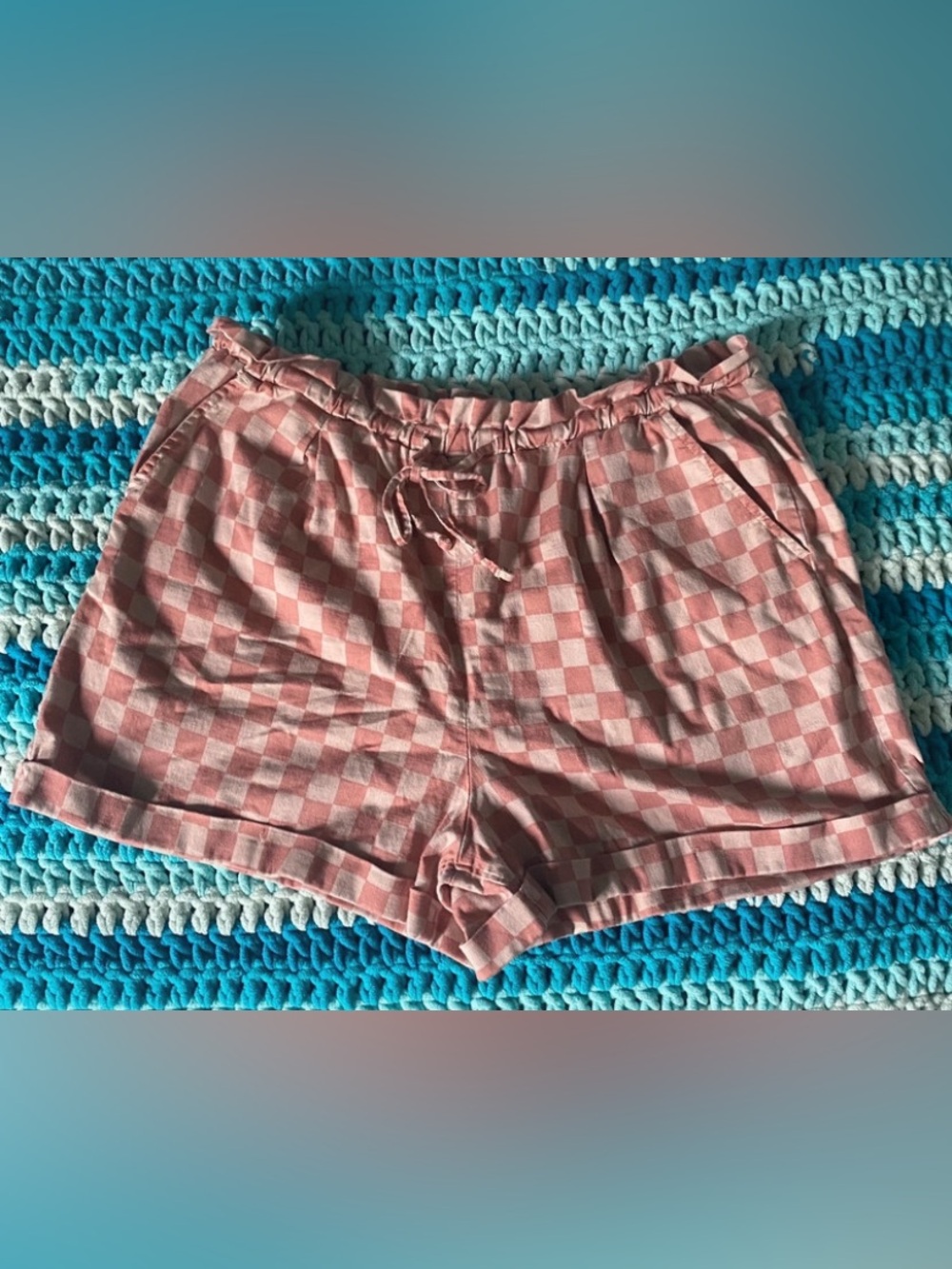 Women's Pink & White Checkered High Waisted Utility Shorts